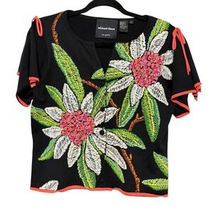 Vtg Michael Simon Artsy Embroidered Short Sleeve Cardigan Women Sz M Cottagecore